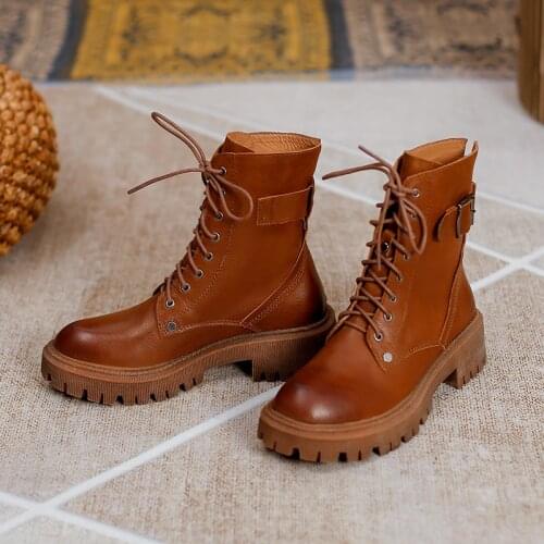 SKLFGXZY Fashion Ankle Motorcycle Boots Women Lace-Up Platform Genuine Leather Ladies Winter Boots Handmade