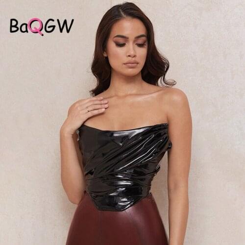 BaQGW Streetwear Off Shoulder Gothic Dark PU Leather Crop Top Women Pleated Punk Style Tank Top Sexy Zip Corset Night Club Tops