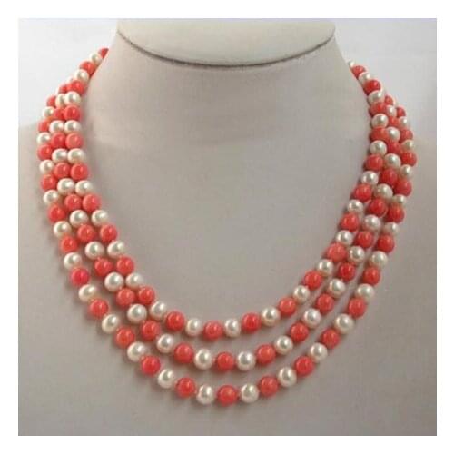 Gorgeous Pearl Jewellery,3Rows 8mm Round Pink Corales White Freshwater Pearls Necklace,Free Shipping
