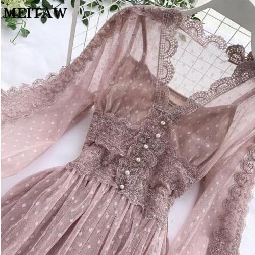 Women Spring Summer Hollow Out Lace Dress 2021 Vintage High Waist Slim V-Neck A-Line Dress Elegant Mesh Party Dresses