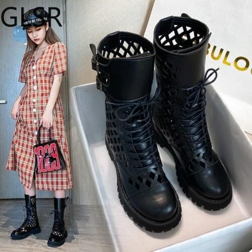 Hot Sales Genuine Leather Hollow Out Short Boots for Women Buckle Round Toe Thiick Heels Pumps Ladies Retro Party Shoe