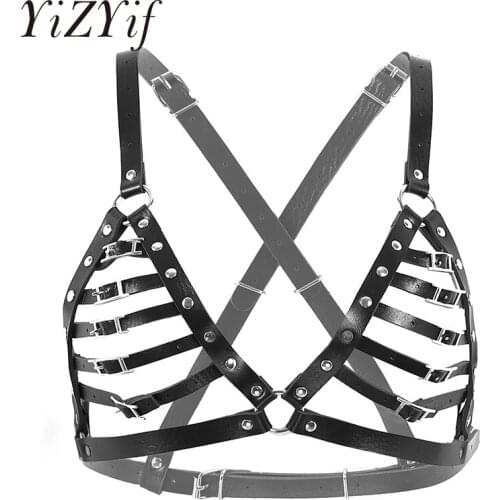 Womens Punk Gothic Harness Bra Top Clubwear PU Leather Hollow Out Cups Strappy Body Bra Chest Bust Harness Belt Roleplay Costume