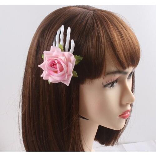 20pcs Women Girls Halloween Personality Hair Clips Headdress Horror Skull Hand Bone Simulation Rose Flower Hairpin Decoration