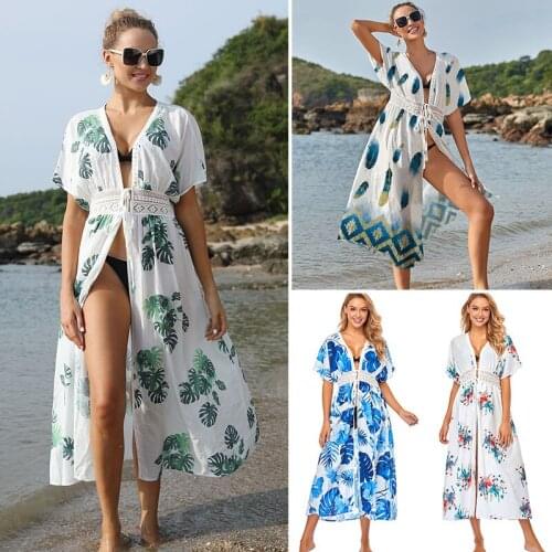 2021New Banana Leaf Print Long Cardigan Beach Cardigan Beach Resort Bikini Swimsuit Cover Top For Woman