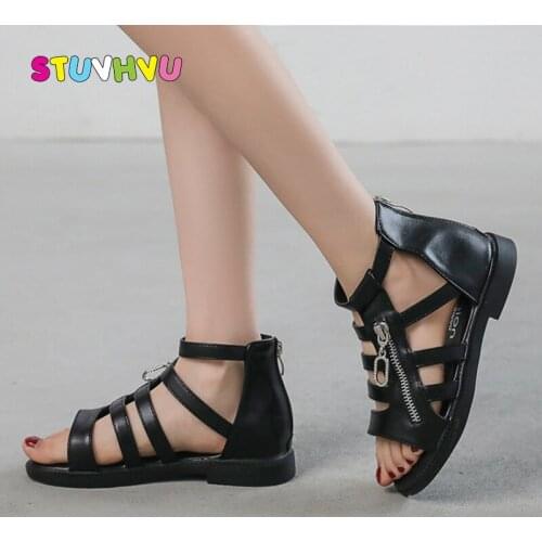 Summer Girls Sandals Roman Shoes 2021 New Zipper Leather Children Princess Shoes Pink Beige Black Kids Sandals for Girls Shoes