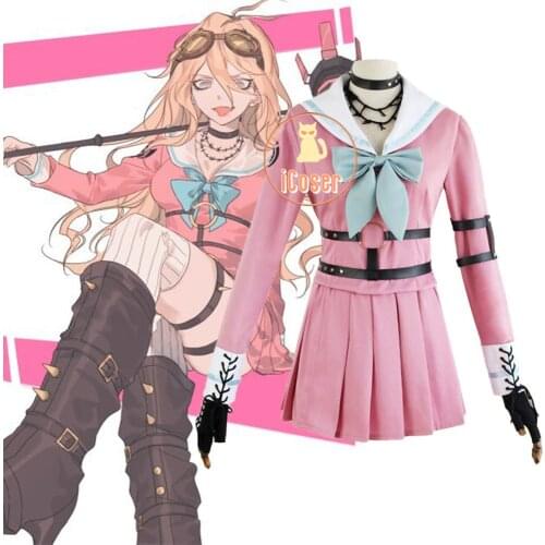 Dangan Ronpa Iruma Miu Cosplay Costume Danganronpa V3 Killing Harmony Women Blonde Long Wig Pink Halloween Dress School Uniform