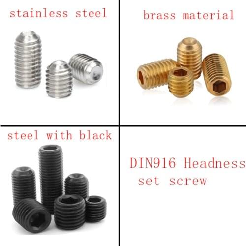 10-50PCS DIN916 black or brass set screw M1.6 M2 M2.5 M3 M4 M5 M6 M8 Stainless Steel headless hex socket set screw grub screw