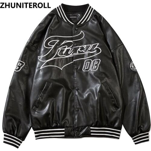 2021 Harajuku PU Leather Jacket Men Letter Embroidery Bomber Fashion Casual Baseball Coats Streetwear High Street Tops Clothing