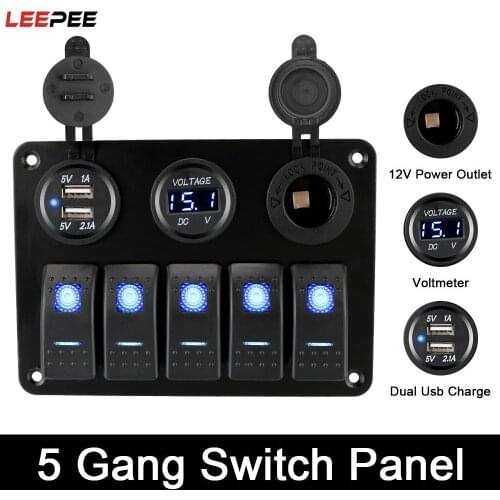 LEEPEE 5 Gang LED Rocker Switch Panel Waterproof 12/24V Outlet Combination With Fuse Dual USB Slot Socket Digital Voltage