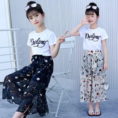 Summer Kids Girls Clothes Set 2020 Letter Print Cotton T Shirt + Chiffon Trousers Floral Print Wide Leg Pants Children Clothing
