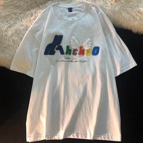 Summer Casual Clothing Women T Shirt White Letter Embroidery Small Wings Harajuku Loose Short Sleeve Middle Length Cotton Tops