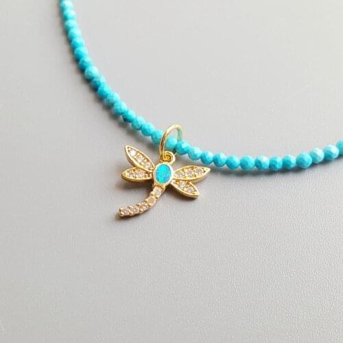 Lii Ji Dyed Turquoises Lab-created Opal Dragonfly Charm Necklace 40cm+5cm Delicate Jewelry For Children or Women