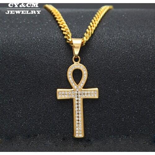 CY&CM Egyptian Fashion Hip Hop Ankh Key Pendants Necklaces Men Gold Color Stainless Steel Cross Classic Full Rhinestone Jewelry
