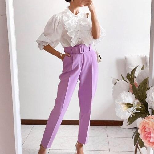 Fashion Solid Women Suit Pants Office Lady Empire Waist Belt Trousers Elagant Sashes Casual Chic Streetwear