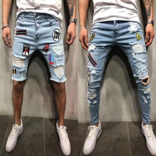 Men Ripped Distressed Slim Fit Elastic Stretch Patches Male streetwear hiphop Hole Denim Pants Biker denim trousers