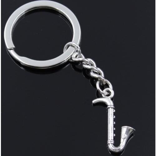 New Fashion Men 30mm Keychain DIY Metal Holder Chain Vintage Saxophone Instrument Music 17x27mm Silver Color Pendant Gift