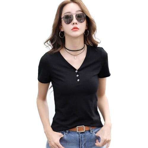 New Women Tees Summer 2021 Fashion Classic Back To The Basics V-Neck Short Sleeve Slim Cotton T-shirt Elastic Tops Young Style