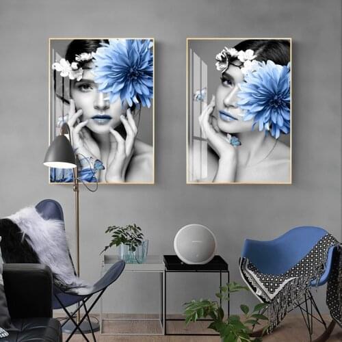 Nordic Blue Flowers Beauty Girl Canvas Prints Woman Posters Wall Art Canvas Painting Wall Pictures For Living Room Decortion
