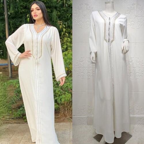 Muslim Arabic Kaftan Maxi Dress White V-neck Dubai Turkish Robe Gown 2 Pieces Abaya Women Islamic Jalabiya Ramadan Eid Fashion