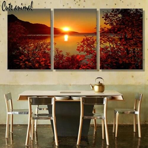 Full square round 5d diy diamond painting 3 Panel Sunrise Lake Landscape rhinestone embroidery cross stitch kits mosaic diamond