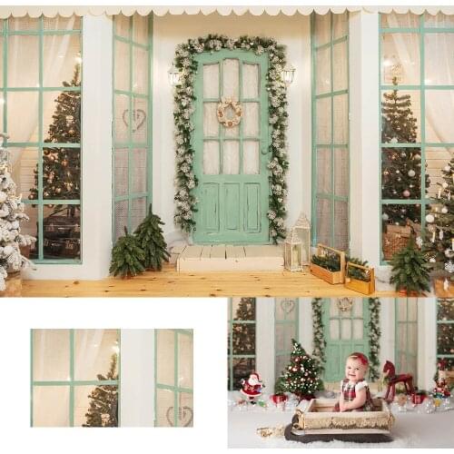 Christmas Backdrop Photography cyan-blue House Wreath Christmas tree Backdrops Birthday Party Gift Background Photobooth