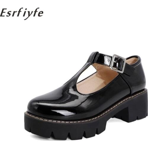 ESRFIYFE 2021 New Fashion Women Pumps T-Strap Thick High Heel Platform Shoes Black White Round Toe Shoes Summer Dress Lady Pumps