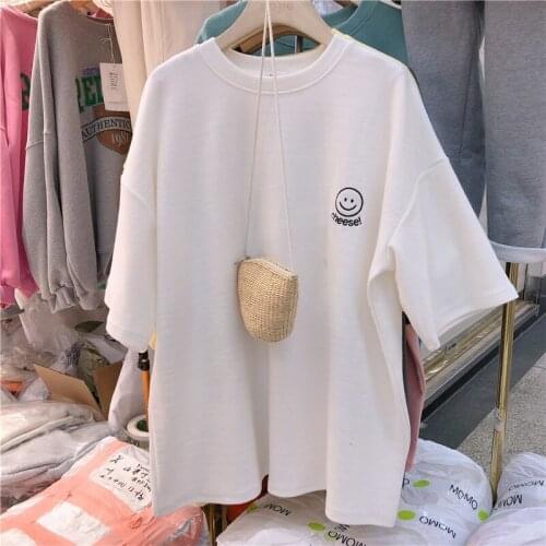 2021 Summer New Korean Loose Large Size WomenS T-Shirts Harajuku Smiling Embroidery Summer New T-Shirt Student