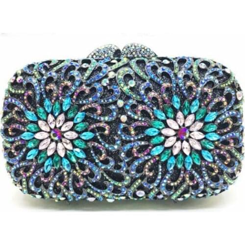 Blue Clear Crystal Women Mini Evening Bags Party Prom Dinner Flower Metal Clutches Bridal Purse Wedding Clutch Handbags for lady