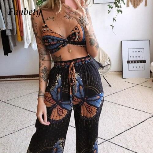 2021 Summer Homewear Outfits Casual Butterfly Print Women Two Piece Sets Elegant Bra Tops+Wide Leg Pants Loose Suits Streetwear