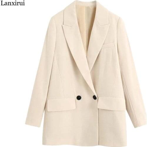 Women Fashion Double-Breasted Loose Fitting Blazer Coat Vintage Long Sleeve Pockets Female Outerwear Chic Veste