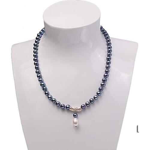 Wedding Woman AA 18'' 8-9MM Blue Black Pearl Freshwater Pearl Choker Pendant Necklace Handmade Free Shipping