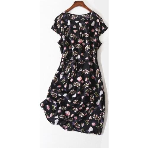 Women Summer Silk Dress O neck Floral Print Vintage Natural silk dresses Elegant Dress plus size big size real silk dress
