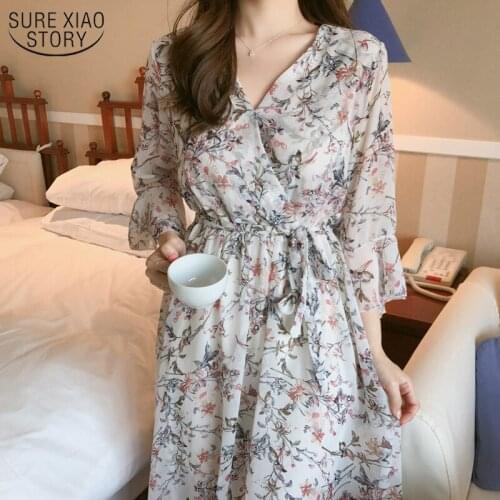 Women Dress Summer 2021 Vintage Midi Long Dresses Vestidos V-neck Flare Short Sleeve Print Sweet Casual Chiffon Dress 10451