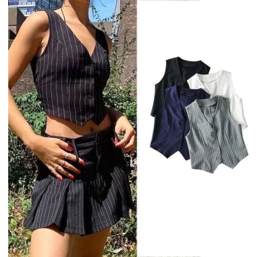 Women Stripe Vest Suit Waistcoat Vest Ladies V-Neck Career Crop Tops Office Formal Work Wear Elegant OL Outerwear Fall Mujer
