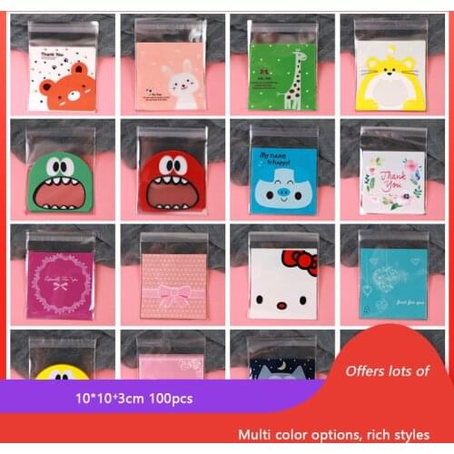 100pcs 10x10 Cute Cartoon Self Sealing Bag Opp Plastic Bags for Birthday Party Festival Candy Cake Biscuit Cookie Baking Package