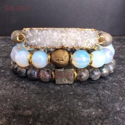 Agates Druzy Bar Bracelet Opals Bead Bracelet Black Labradorite Beads Bracelet with Pyrites Nugget BM33106