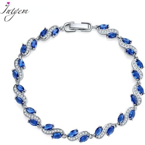 Charm Bracelets White Gold Color Zircon Rhinestone Blue Stone Bracelets Bangle for Women Engagement Party Gift Jewelry Wholesale