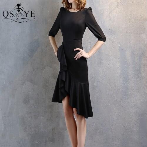 Black Short Mermaid Prom Dresses 2021 Elastic Ruched Evening Gown Scoop Neck Formal Gowns Short Half Sleeves Black Party Gown