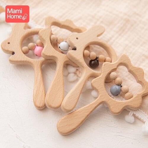 Baby Wooden Rattle Toys BPA Free Wood Beads Musical Rattle Rings Rodent Animal Rabbit Toys Baby Teether Newborn Educational Toy