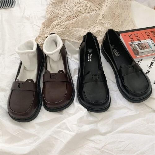 Lolita Bear Jk Uniform Shoes Japanese Cute Flat Round Retro College Loli Girls Jk Shoes Bear Brown/black Student Kawaii Shoes L