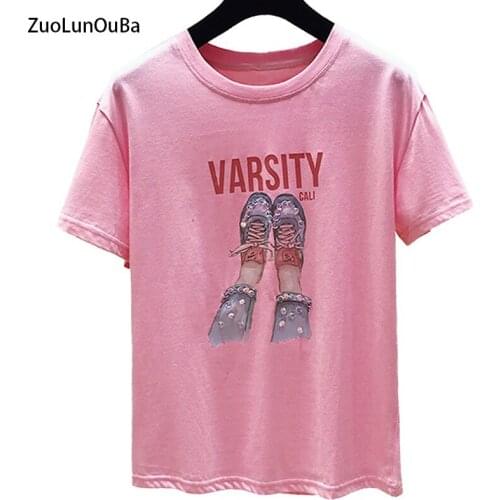 ZuoLunOuBa Summer Women T Shirt Print Letter Sequins Casual Wild Female Tops Short Sleeve Fashion Top Loose Pink White Tees