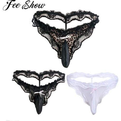 Gay Men Lingerie Underwear Stretch G-string with Penis Bulge Pouch Lace Breathable Semi-see Through G-strings & Thongs Underwear
