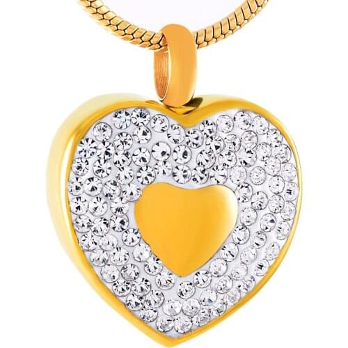IJD9438 Gold Cremation Jewelry With White Crystal - Stainless Steel Heart Memorial Urn Necklace Ashes Holder Keepsake Pendant