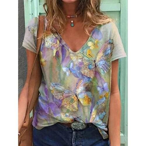 Summer Clothes for Crop Top Women Bottoming Y2k Shirt Cute Printed V-neck Short-sleeved T Shirts Plus Size Women Clothing Tops