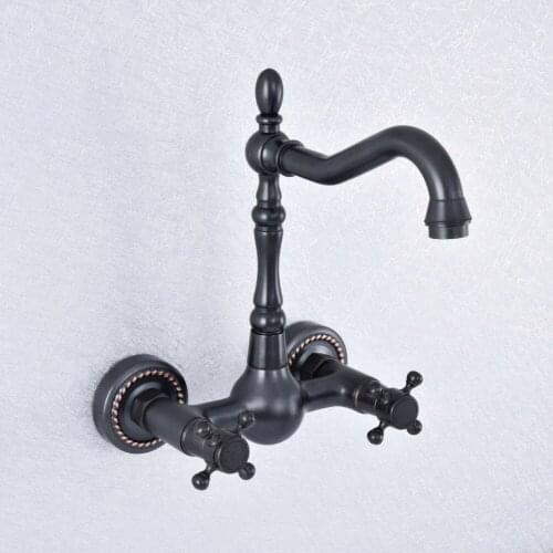 Kitchen Wet Bar Bathroom Vessel Sink Faucet Black Oil Rubbed Brass Wall Mounted Swivel Spout Mixer Tap Dual Cross Handles msf727
