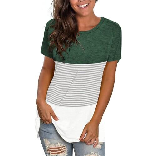 Fashion Womens Stripe Splicing Blouse Loose Comfortable O-neck Short Sleeve Womens Shirt Blusas Mujer De Moda 2021 Top Mujer