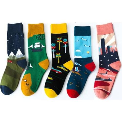 Fashion Funny Print Socks Occident Popular Oil pPainting Seagull Sailing Mushroom Spring Women Personality Colorful Cotton Socks