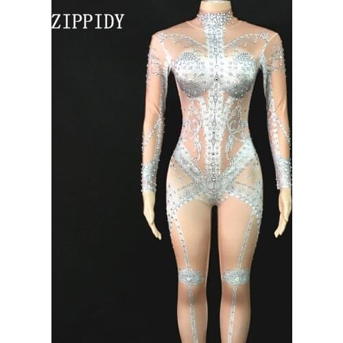 Fashion Silver Rhinestones Dance Jumpsuit Glisten Crystals Rompers Costume Stretch Bodysuit Stage Performance Singer Outfit