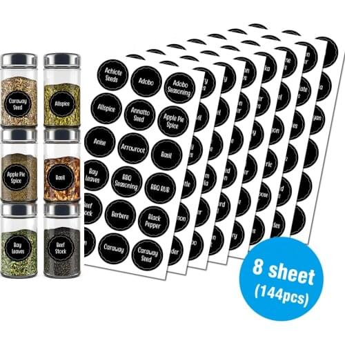 144pcs Kitchen Jar Stickers Self-Adhesive Labels Spice Labels Sticker Pantry Sticker Set Waterproof Stickers with Blank Labels