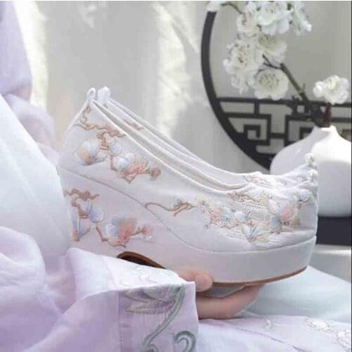 Hanfu Shoes Women Chinese Traditional Embroidered Ancient Inside Heighten Flat Shoes Hanfu Shoes White Pink Purple For Women